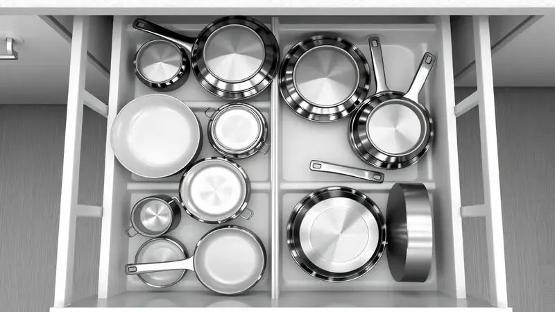 Visão superior de uma gaveta de cozinha organizada com divisórias inteligentes para panelas e frigideiras.