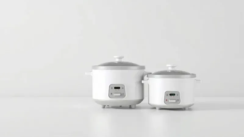 Renderização 3D mostrando três tamanhos diferentes de potes de panela de arroz para comparação de capacidade.