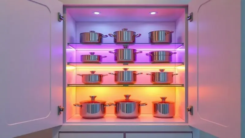 Armário de cozinha minimalista com panelas brilhantes organizadas, representando espaço de armazenamento.