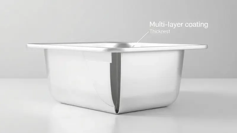 Ilustração 3D detalhando a espessura e as camadas de revestimento interno de uma panela de alumínio de alta qualidade.