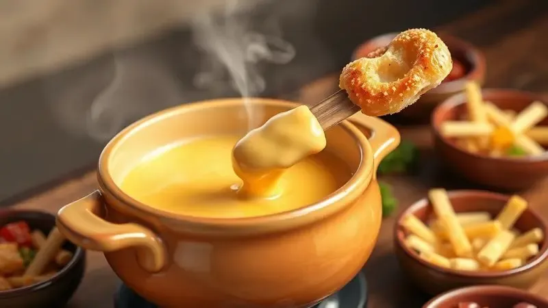 Renderização 3D de fondue de queijo derretido cremoso com pedaços de pão e acompanhamentos.