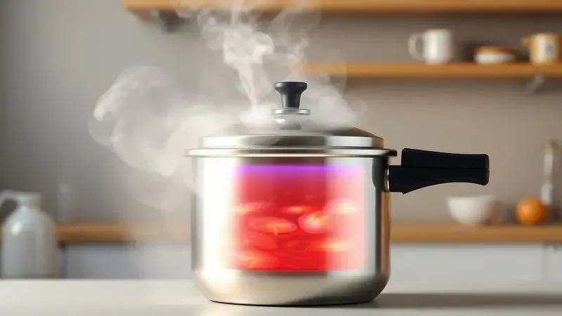 Ilustração 3D mostrando o conceito de circulação de calor e vapor dentro de uma panela de pressão moderna.