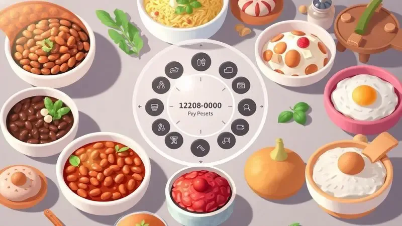 Representação artística de diversos pratos de comida e uma interface digital de cozimento para funções pré-programadas.