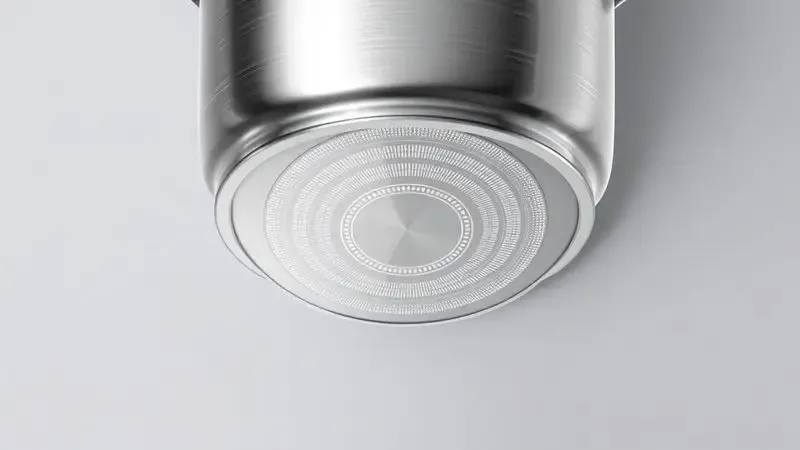 Detalhe da base metálica de uma panela compatível com fogão de indução.