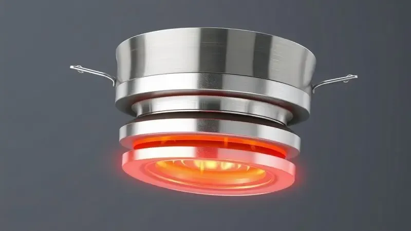 Ilustração digital 3D mostrando as camadas internas do fundo triplo de uma panela de aço inox para melhor condução de calor.