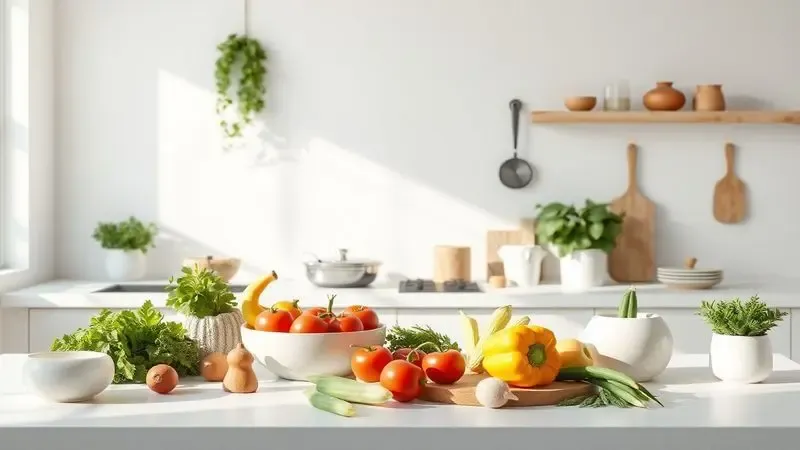 Ilustração 3D de uma cozinha minimalista com vegetais frescos e utensílios de cozinha saudáveis em tons neutros.
