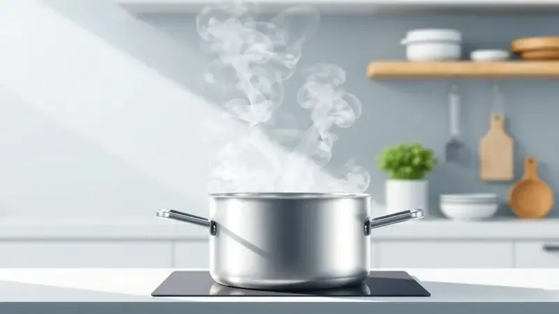 Ilustração de uma panela de aço inoxidável com vapor suave, simbolizando o preparo de comida saudável.