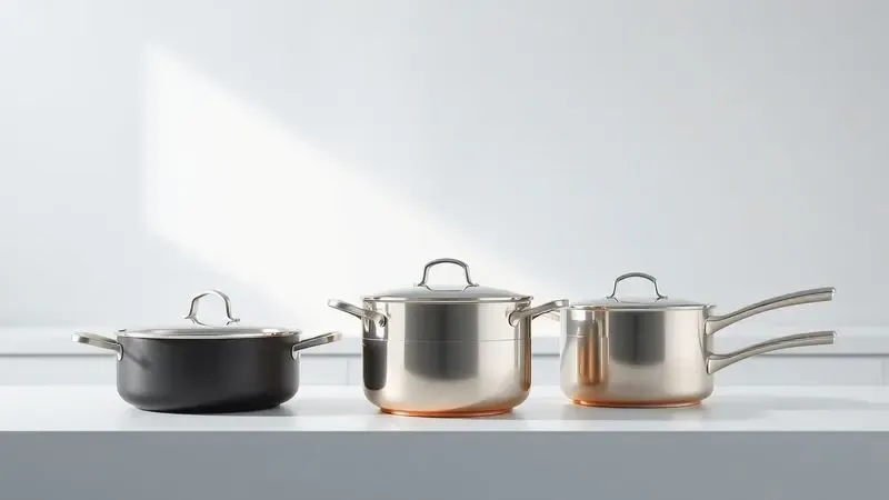 Ilustração conceitual de diferentes materiais de panela como inox, ferro e teflon brilhando.