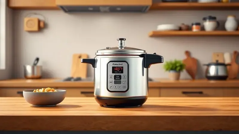 Guia de uso seguro de panela de pressão com fechamento externo em um ambiente de cozinha aconchegante.