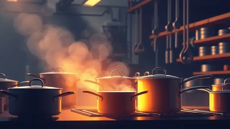 Ilustração artística e conceitual representando a fabricação de utensílios de cozinha em metal.