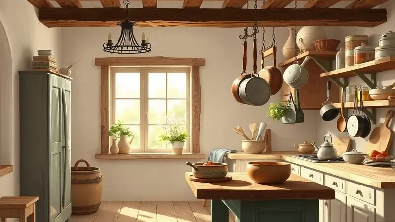 Ilustração de uma cozinha rústica francesa tradicional com utensílios clássicos e atmosfera acolhedora.