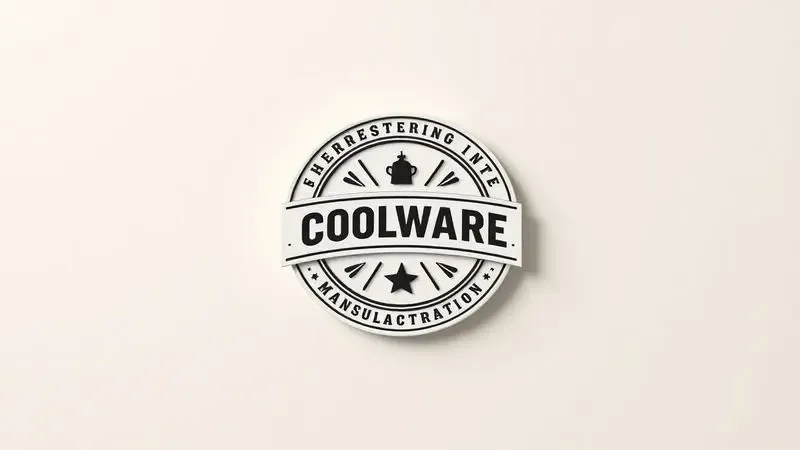 Ilustração em 3D de um emblema industrial clássico e minimalista representando a tradição e o legado de uma fábrica de utensílios.