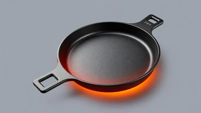 Ilustração digital detalhando a textura e a durabilidade térmica de uma panela de ferro fundido.