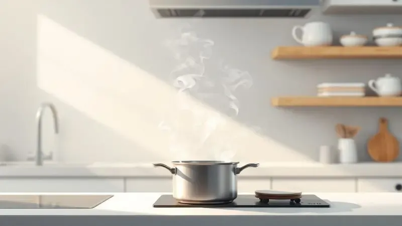Ilustração digital de uma panela emitindo vapor em uma cozinha limpa e organizada, simbolizando saúde no preparo de alimentos.