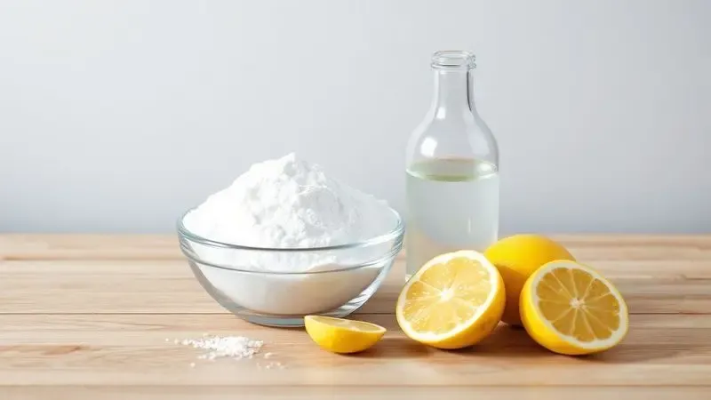 Renderização 3D de ingredientes naturais de limpeza como bicarbonato de sódio, vinagre e limão em uma mesa de madeira.