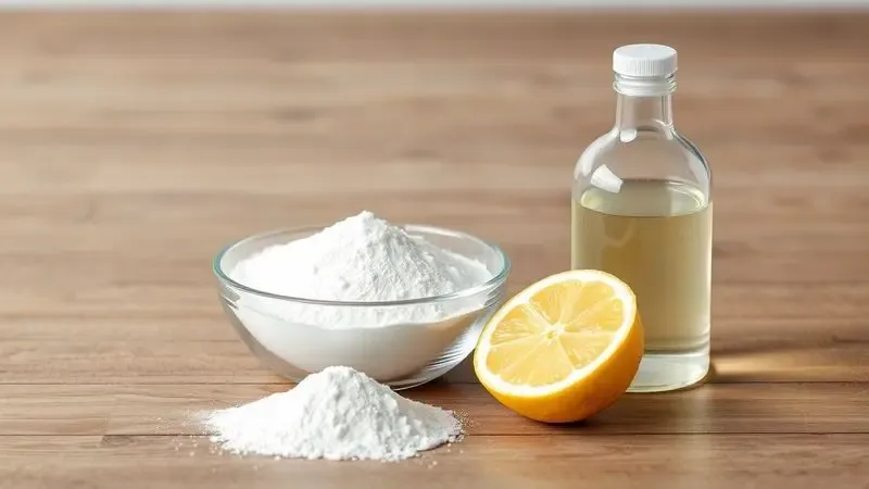 Ingredientes naturais como bicarbonato, limão e vinagre dispostos de forma organizada para limpeza doméstica.
