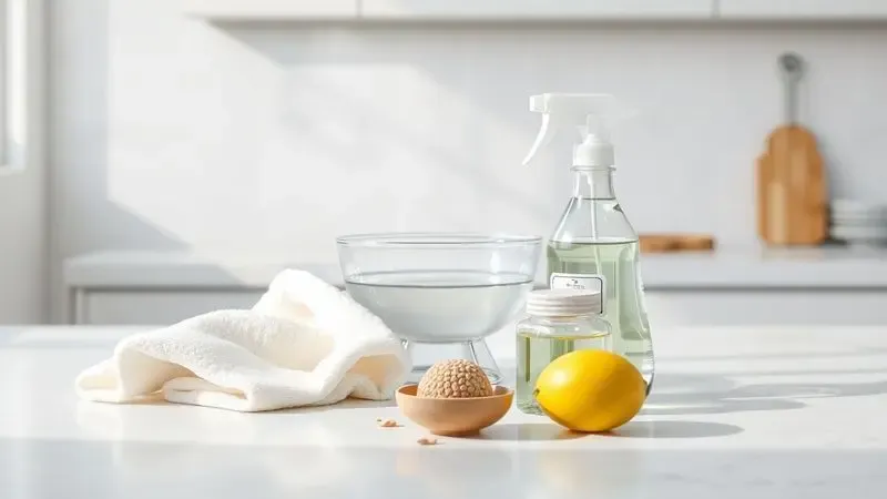 Materiais básicos para limpeza de alumínio como pano macio e recipientes com soluções caseiras em uma bancada limpa.