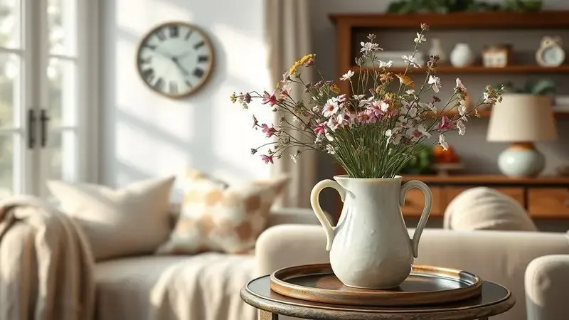 Jarro de ágata vintage usado como vaso para flores do campo em um ambiente de sala de estar aconchegante.
