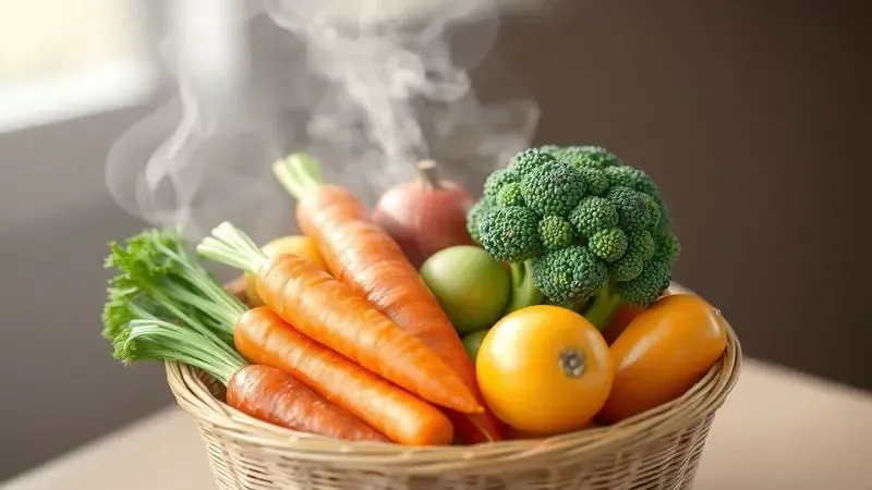 Legumes frescos como brócolis e cenoura sendo cozidos no vapor em uma cesta metálica, ilustração digital colorida.