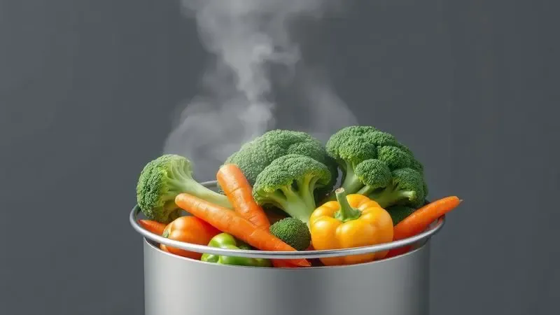 Representação artística em 3D de legumes frescos como brócolis e cenouras sendo cozidos no vapor.