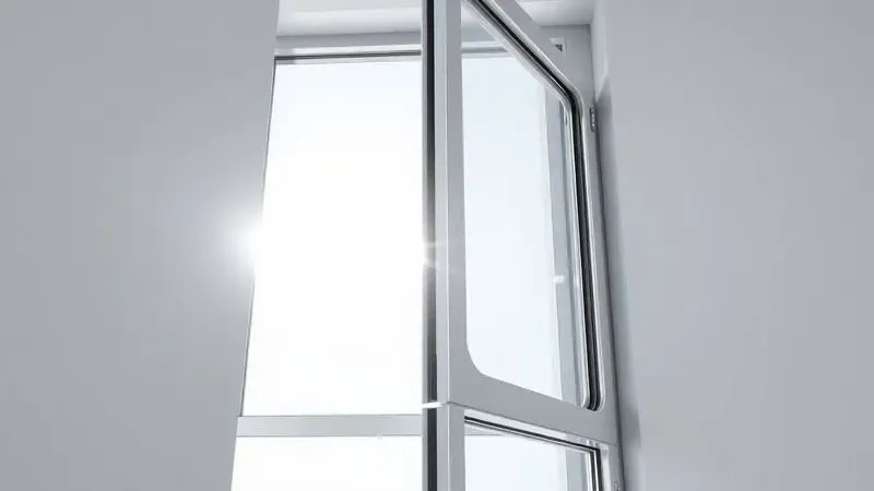 Detalhe de uma esquadria de janela de alumínio limpa e brilhante com reflexos suaves de luz solar.