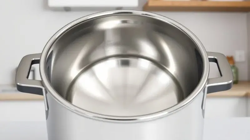 Cuba interna de aço inox de uma panela elétrica refletindo luz, simbolizando limpeza profunda.