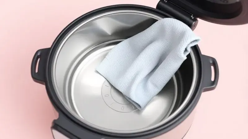 Representação visual de limpeza cuidadosa do pote interno de uma panela de arroz com um pano macio.