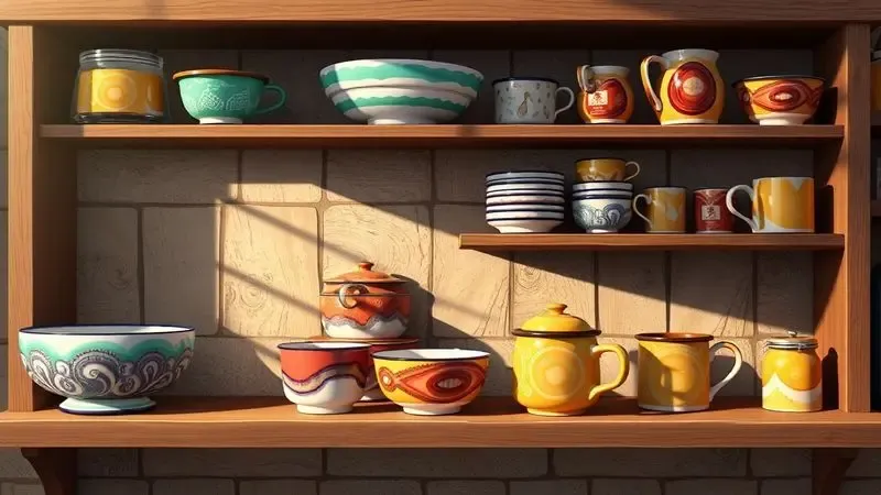 Ilustração digital de uma prateleira rústica com tigelas e canecas de ágata coloridas em um ambiente nostálgico.
