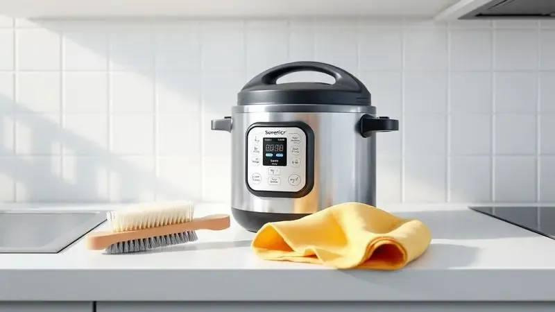 Renderização 3D conceitual de itens de limpeza e manutenção para panelas de pressão em um ambiente de cozinha minimalista.
