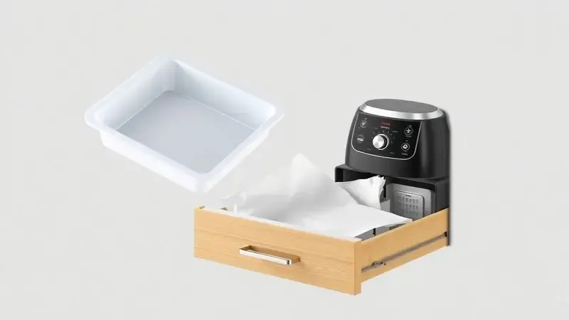 Renderização 3D de materiais seguros como silicone e papel manteiga para uso em fritadeiras elétricas.