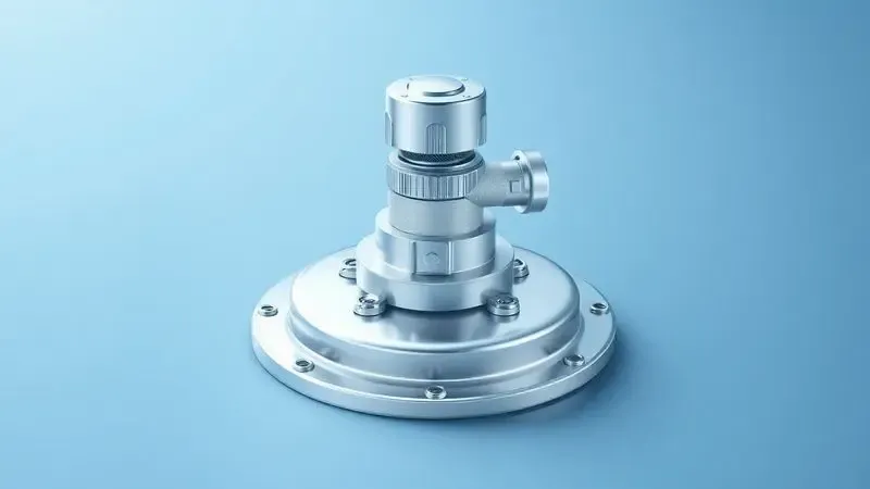 Renderização 3D conceitual de uma válvula de segurança de pressão com vapor suave destacando engenharia de precisão.