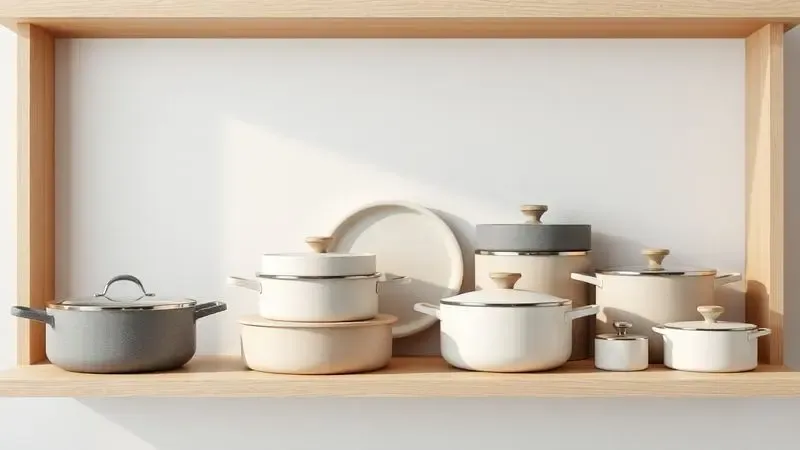 Renderização 3D de diferentes tipos de panelas modernas e minimalistas organizadas em uma prateleira de madeira.