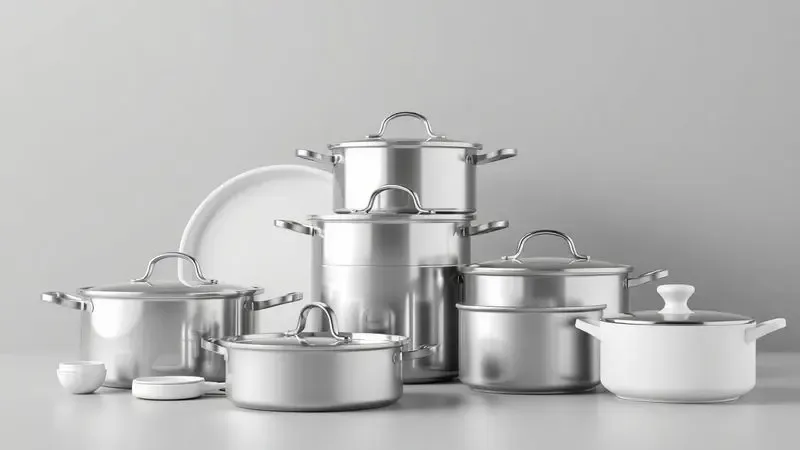 Diferentes modelos conceituais de panelas modernas de cerâmica e inox dispostas em uma composição equilibrada.