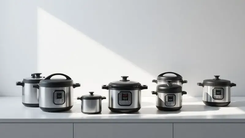 Modelos conceituais de panelas de pressão em diferentes tamanhos organizadas em uma bancada de cozinha contemporânea.