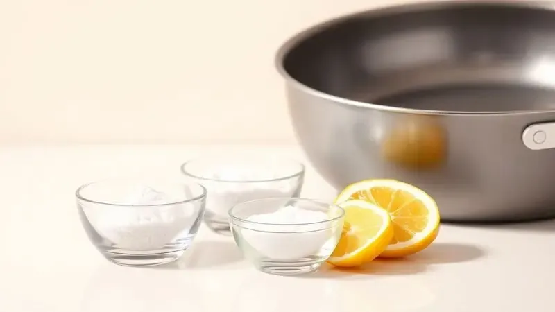 Ingredientes naturais como limão, sal e bicarbonato em potes de vidro para limpeza de panelas.