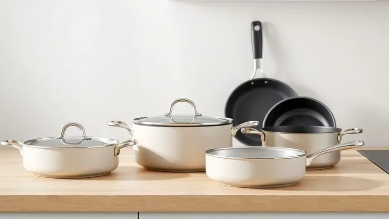 Renderização 3D de panelas de cerâmica e ferro fundido em uma cozinha minimalista e moderna.