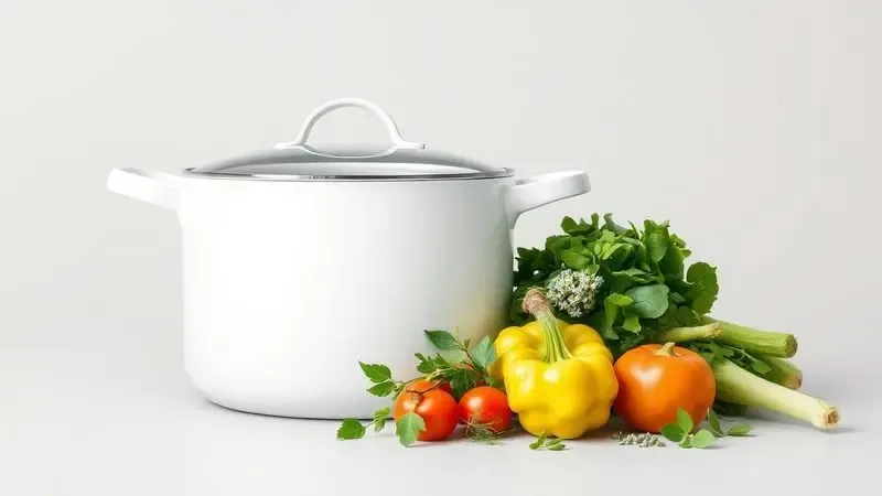 Vegetais frescos ao lado de uma panela de cerâmica branca sugerindo uma alimentação saudável e livre de toxinas.