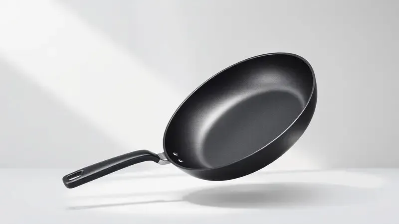 Renderização 3D artística de uma frigideira antiaderente premium com design minimalista em um ambiente de estúdio suave.