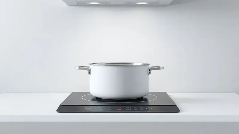 Ilustração 3D de uma panela de fundo plano posicionada sobre a superfície lisa de um fogão elétrico moderno.