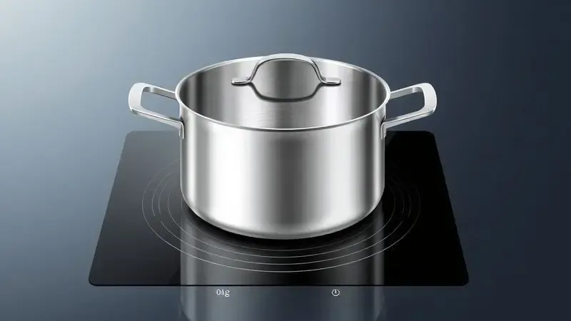 Representação artística de uma panela robusta em um cooktop de indução com estética tecnológica.