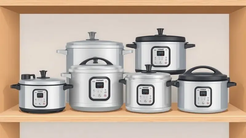 Ilustração de diferentes modelos de panelas de pressão metálicas organizadas de forma harmônica em uma cozinha.