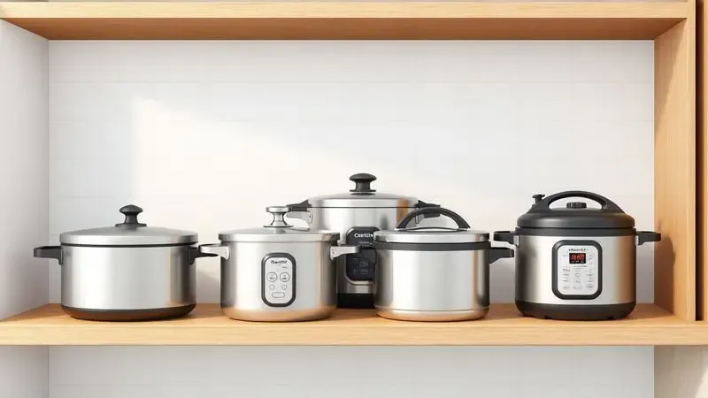 Representação artística em 3D de diferentes modelos de panelas de pressão organizadas de forma elegante em uma cozinha moderna.