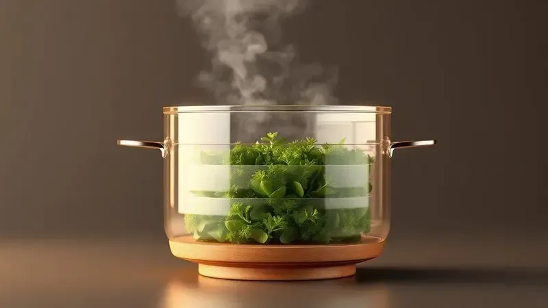 Ilustração 3D conceitual mostrando o funcionamento de uma panela a vapor com camadas e vegetais verdes.