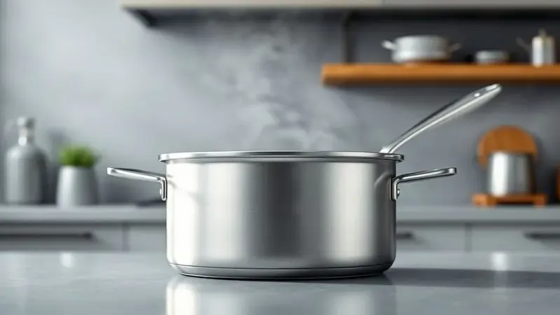 Ilustração digital de uma panela de titânio moderna com acabamento fosco em uma cozinha contemporânea, destacando seu design minimalista.