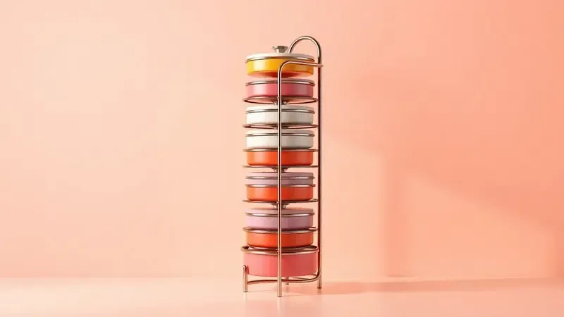 Suporte vertical estilizado para tampas de panela em cores vibrantes e iluminação cinematográfica em 3D.