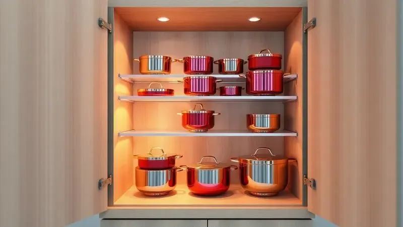 Render 3D de armário de cozinha otimizado com panelas coloridas organizadas de forma eficiente em prateleiras.