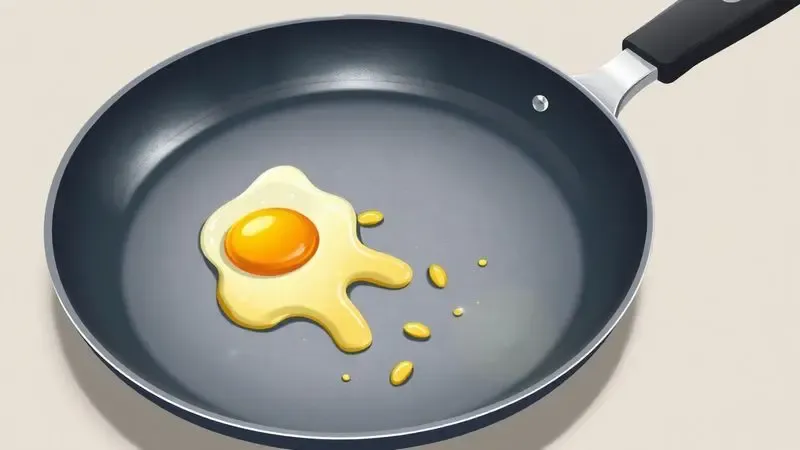 Ilustração conceitual de uma gema de ovo quebrada e grudada em uma superfície metálica, representando o problema comum na cozinha.