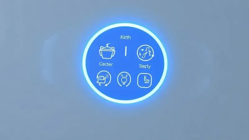 Renderização 3D de um painel digital intuitivo com ícones de cozimento e luz suave, simbolizando usabilidade moderna.