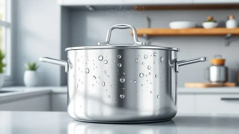 Ilustração digital de uma panela de aço inox brilhante próxima a uma pia, simbolizando facilidade de limpeza e durabilidade.
