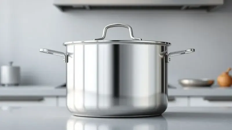 Renderização artística de uma panela de aço inoxidável com acabamento escovado premium em um ambiente de cozinha minimalista.